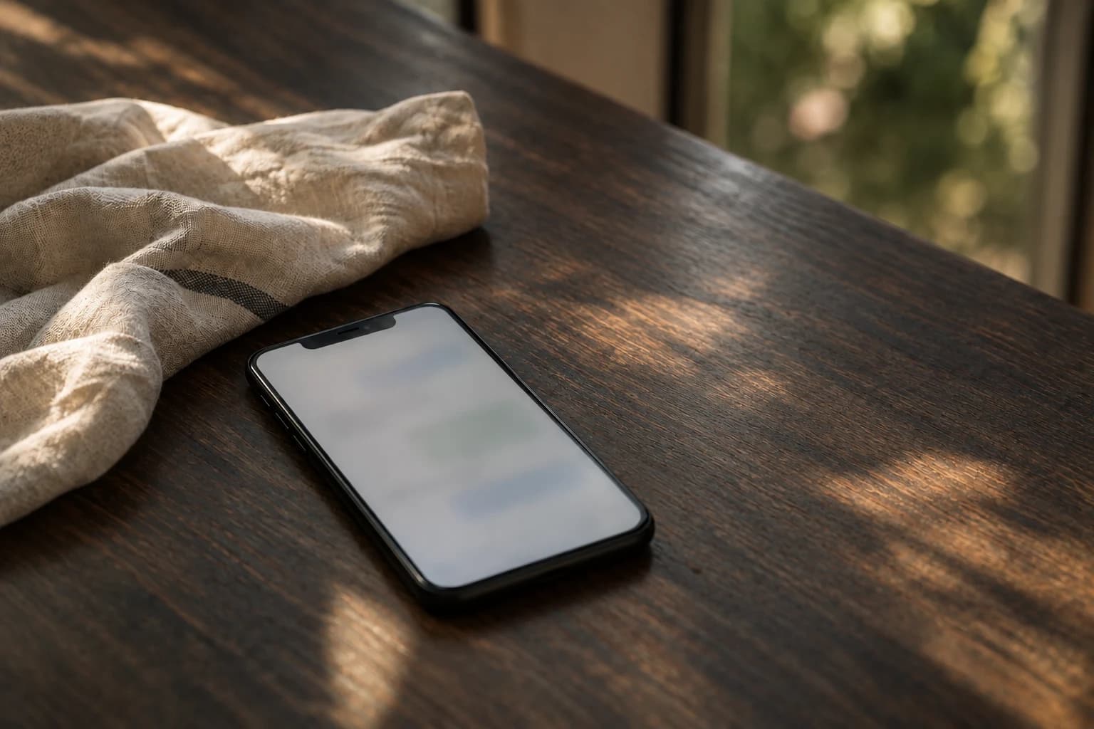 Um celular sobre a mesa, ao lado de linho claro, sob a luz suave da janela.