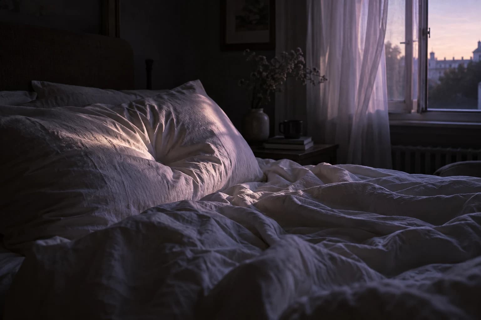 A luz lilás do amanhecer atravessa a cortina e ilumina o travesseiro.
